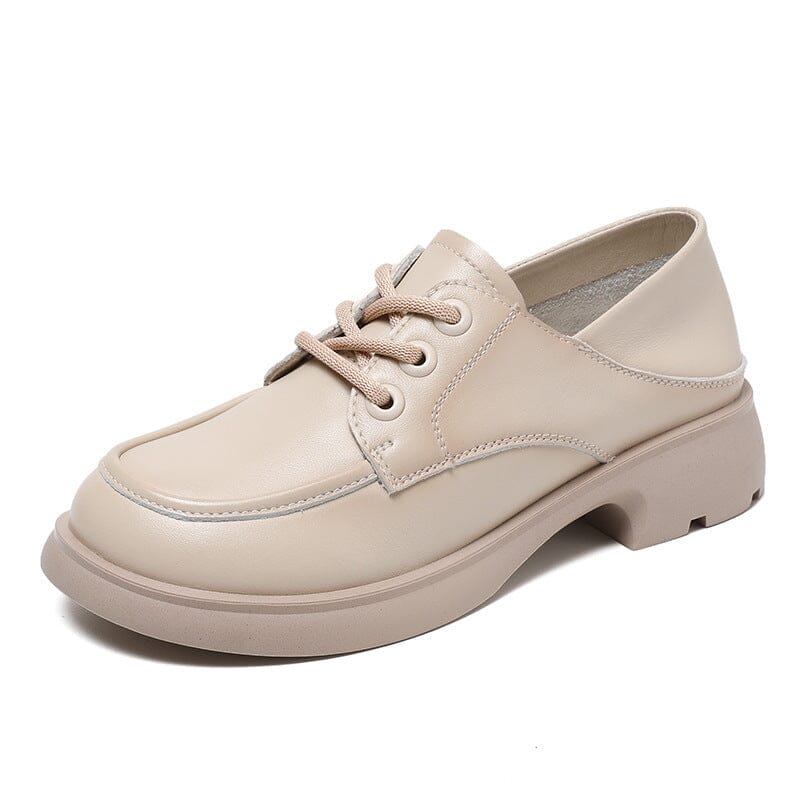 Spring Retro Solid Soft Leather Lug Sole Casual Shoes