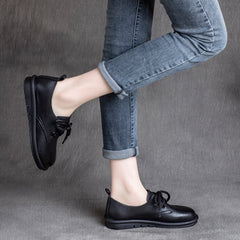 Spring Women Leather Round Head Plain Casual Shoes