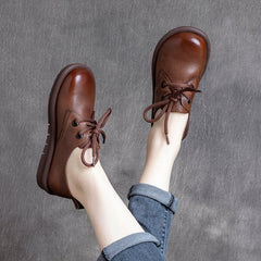 Spring Women Leather Round Head Plain Casual Shoes