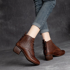 Summer Hollow Leather Retro Casual Wedge Boots