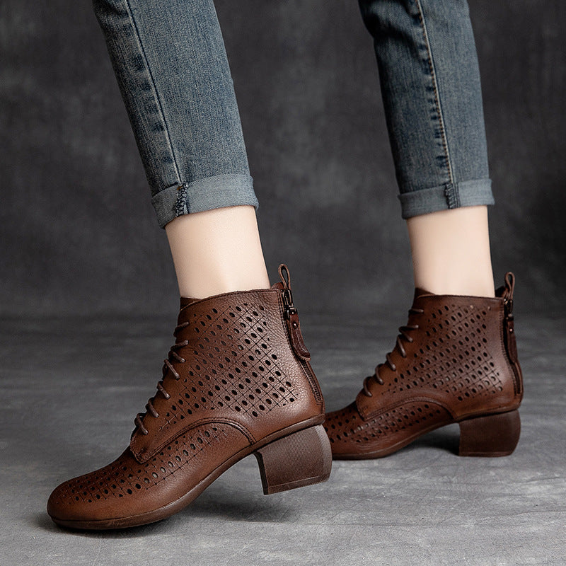 Summer Hollow Leather Retro Casual Wedge Boots