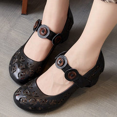 Summer Retro Hollow Leather Chunky Heel Casual Shoes