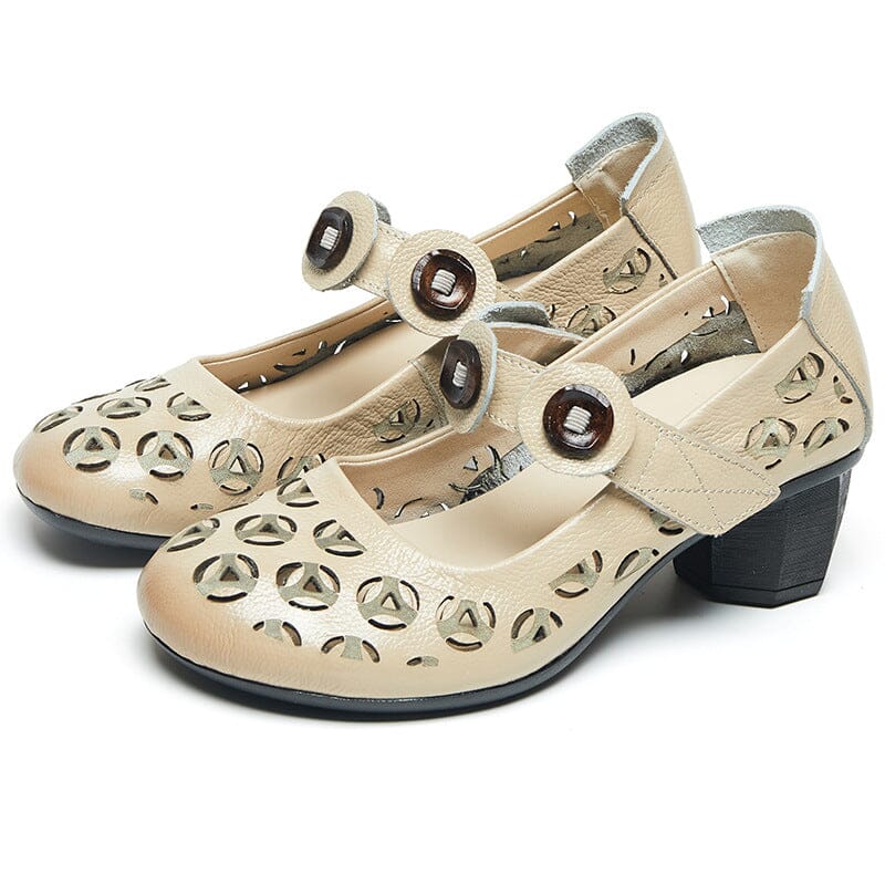 Summer Retro Hollow Leather Chunky Heel Casual Shoes