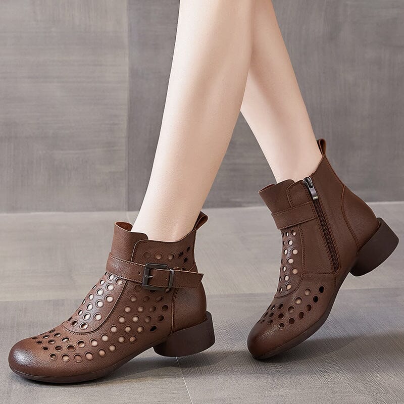 Summer Retro Hollow Leather Low Heels Boots