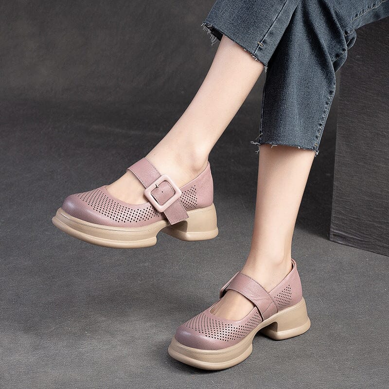 Summer Retro Hollow Leather Lug Sole Casual Shoes