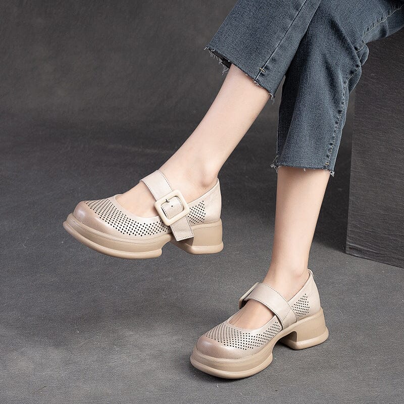 Summer Retro Hollow Leather Lug Sole Casual Shoes