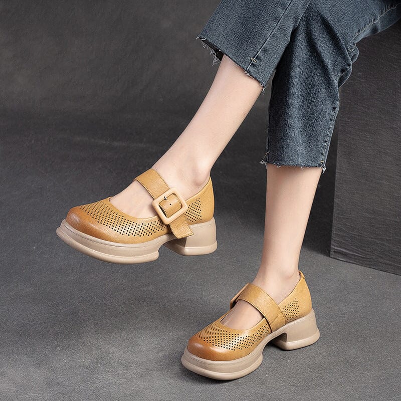 Summer Retro Hollow Leather Lug Sole Casual Shoes