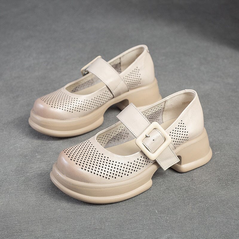 Summer Retro Hollow Leather Lug Sole Casual Shoes