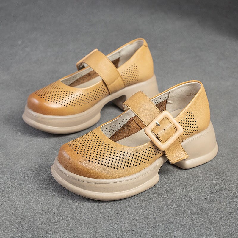 Summer Retro Hollow Leather Lug Sole Casual Shoes