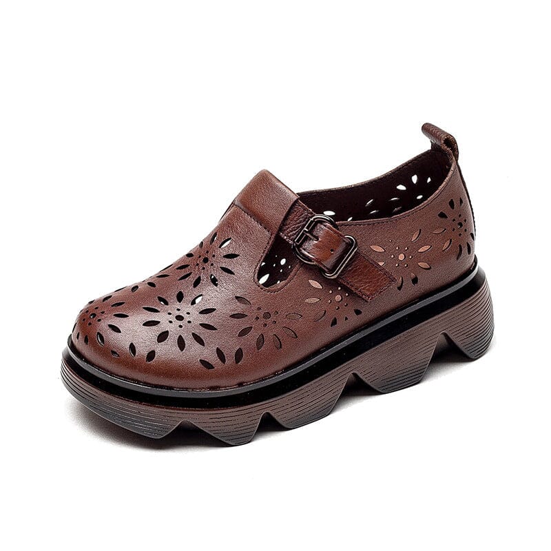 Summer Retro Hollow Leather Lug Sole Casual Shoes