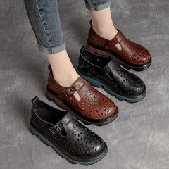 Summer Retro Hollow Leather Lug Sole Casual Shoes