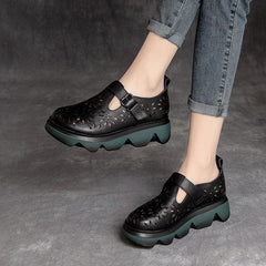 Summer Retro Hollow Leather Lug Sole Casual Shoes