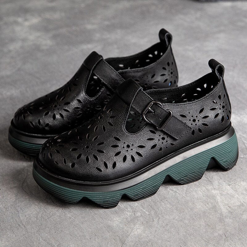 Summer Retro Hollow Leather Lug Sole Casual Shoes