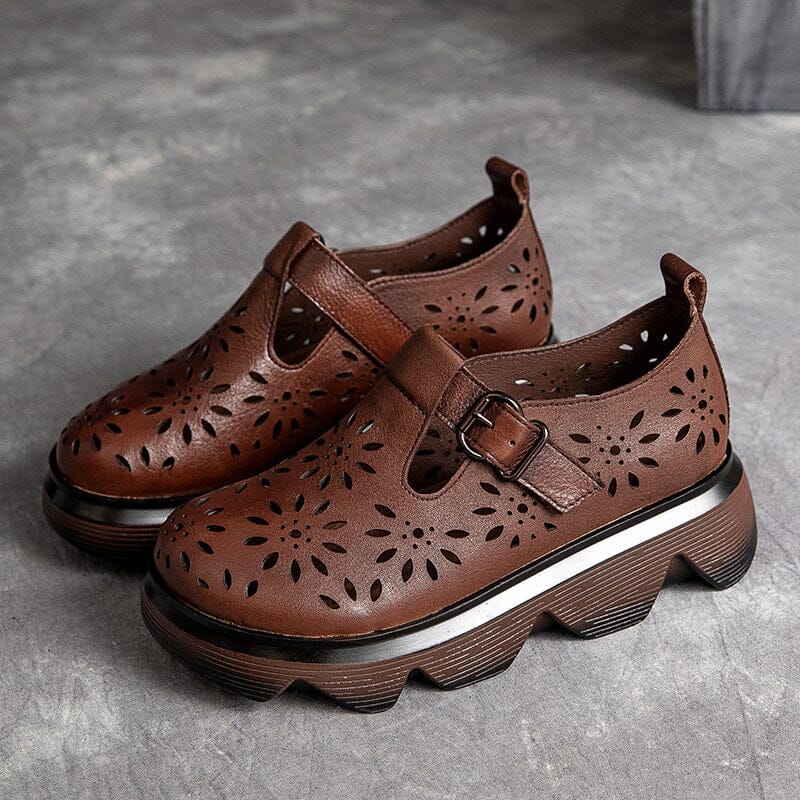 Summer Retro Hollow Leather Lug Sole Casual Shoes