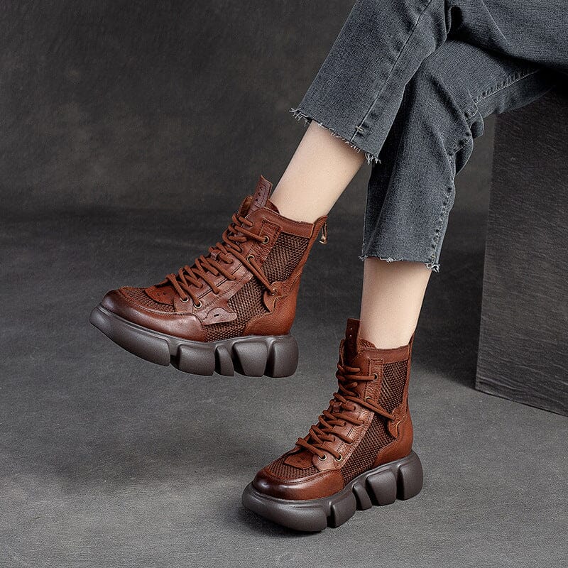 Summer Retro Leather Hollow Mesh Platform Boots