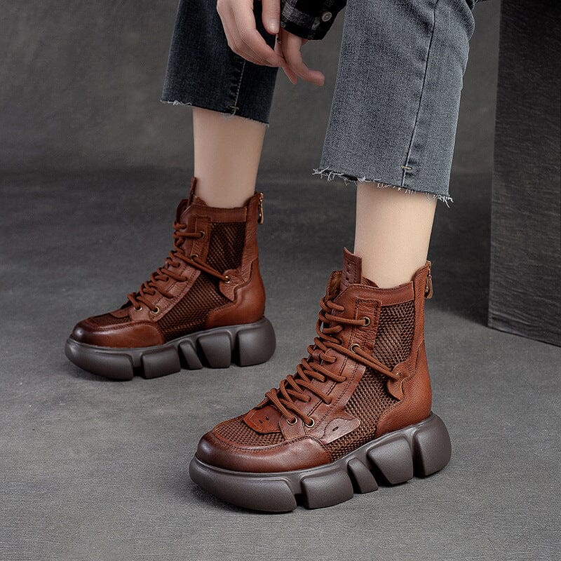 Summer Retro Leather Hollow Mesh Platform Boots