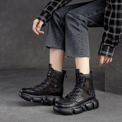 Summer Retro Leather Hollow Mesh Platform Boots