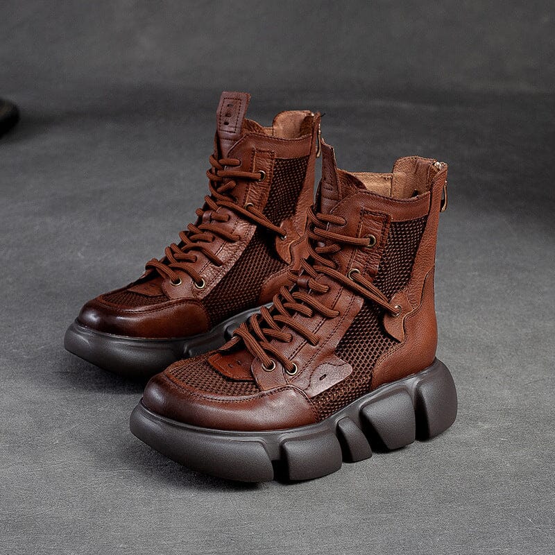 Summer Retro Leather Hollow Mesh Platform Boots