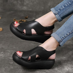 Summer Retro Leather Wedges Women Casual Shoes