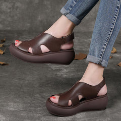 Summer Retro Leather Wedges Women Casual Shoes