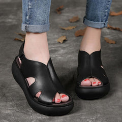 Summer Retro Leather Wedges Women Casual Shoes