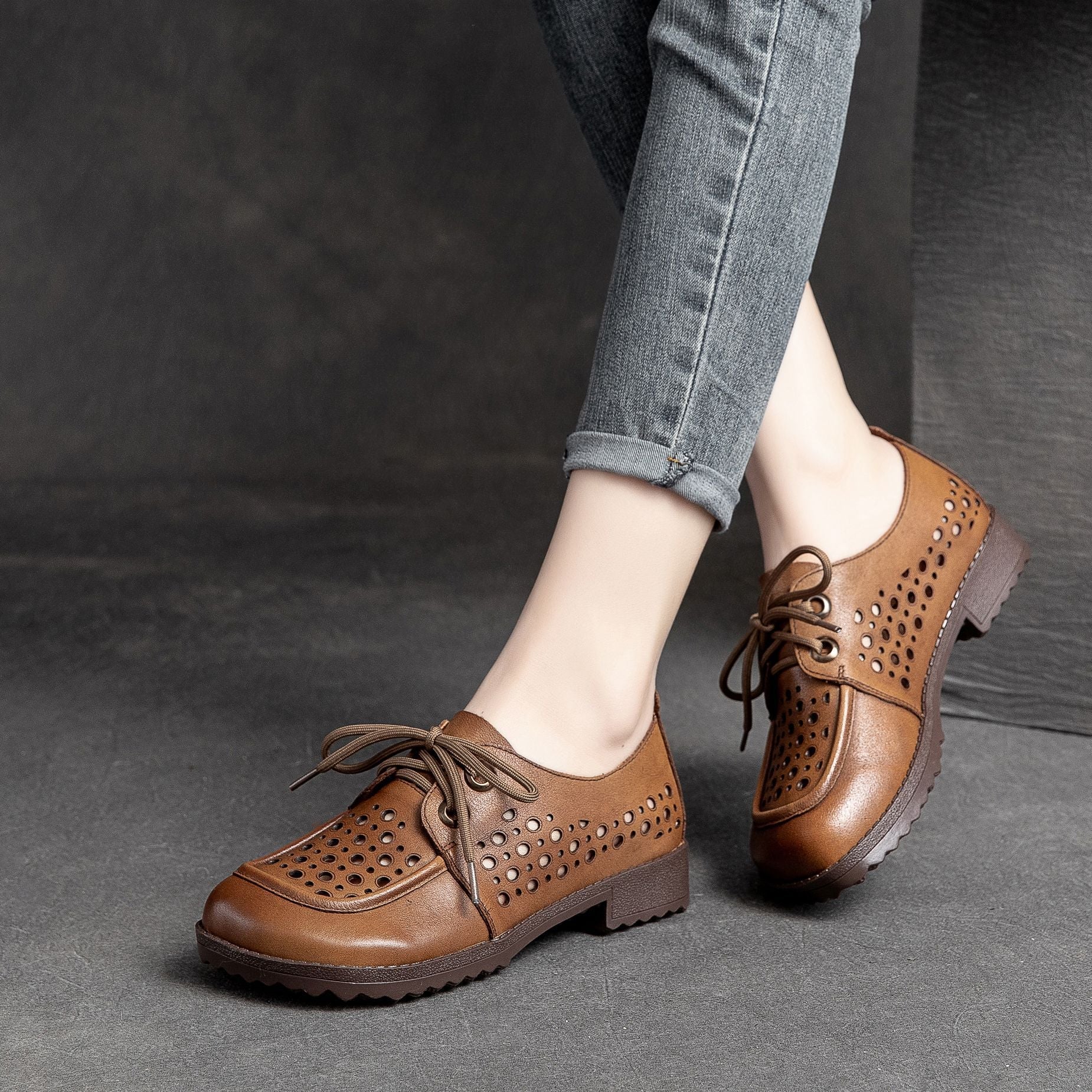 Summer Women Vintage Hollow Leather Casual Shoes