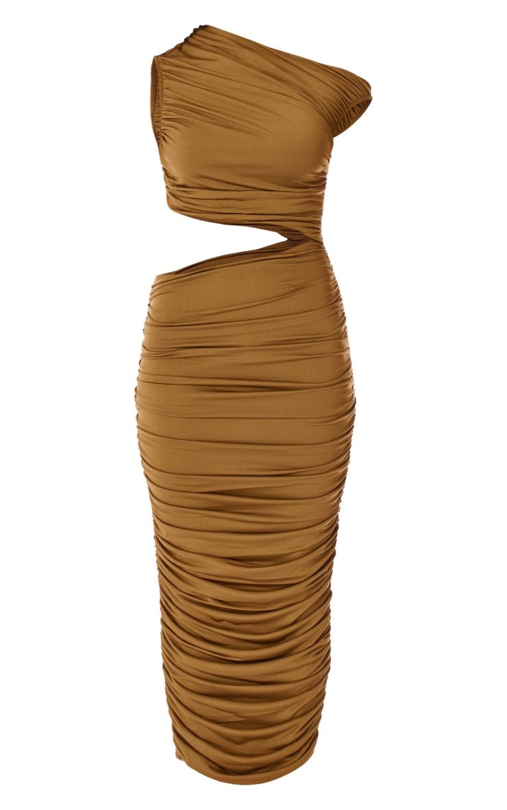 Tobacco One Shoulder Ruched Cut Out Maxi Dress