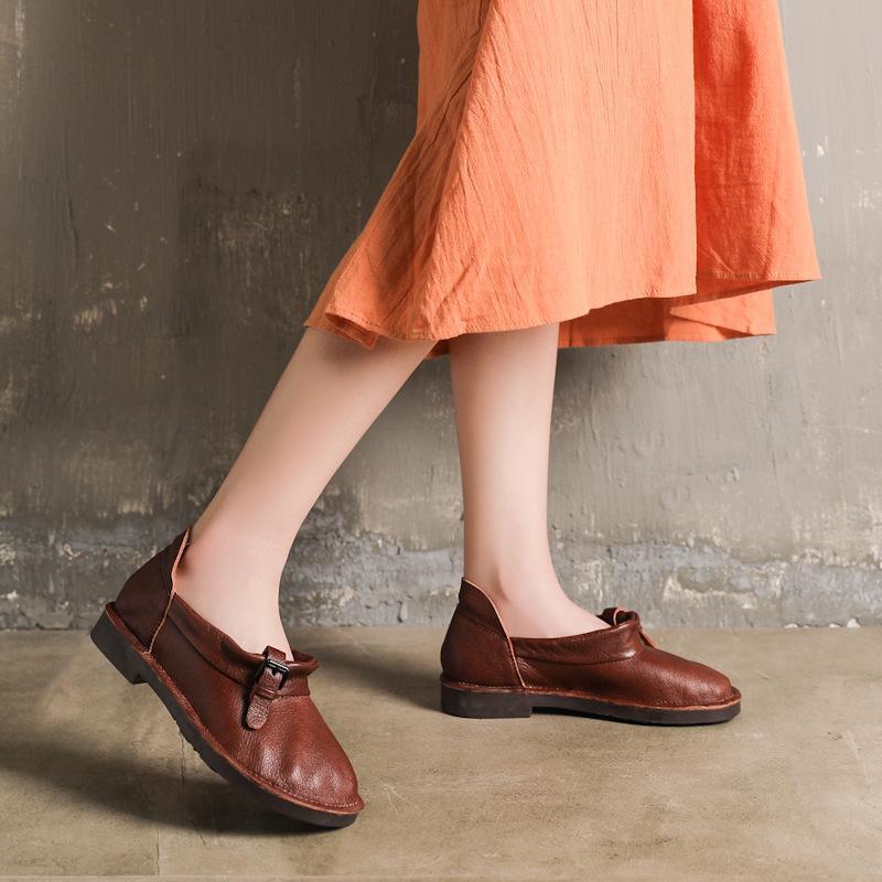 Vintage Leather Round Toe Flat Soft Women Shoes