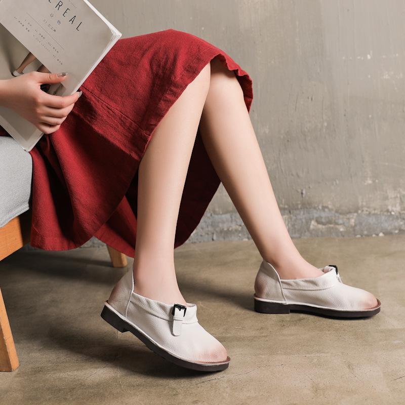 Vintage Leather Round Toe Flat Soft Women Shoes