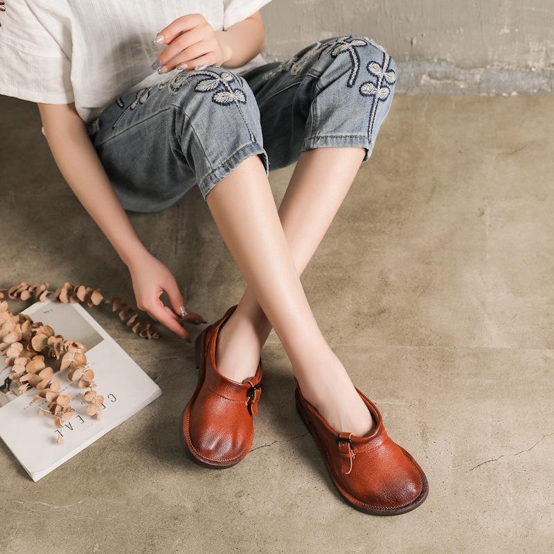 Vintage Leather Round Toe Flat Soft Women Shoes