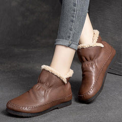 Winter Fur Flat Round Head Leahter Casual Shoes