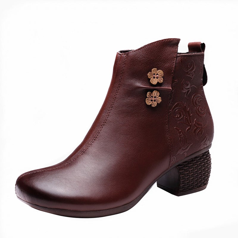 Winter Plush Retro Leather Floral Casual Boots