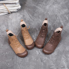 Winter Retro Color Matching Leather Flat Handmade Boots