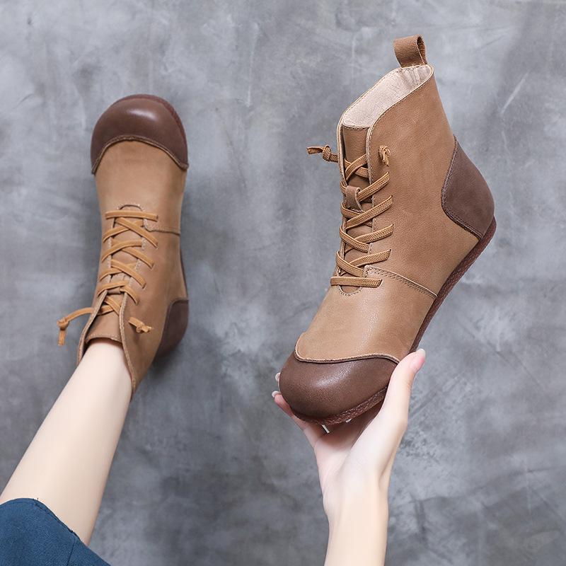 Winter Retro Color Matching Leather Flat Handmade Boots