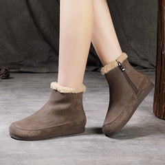 Winter Retro Frosted Leather Woolen Flat Boots