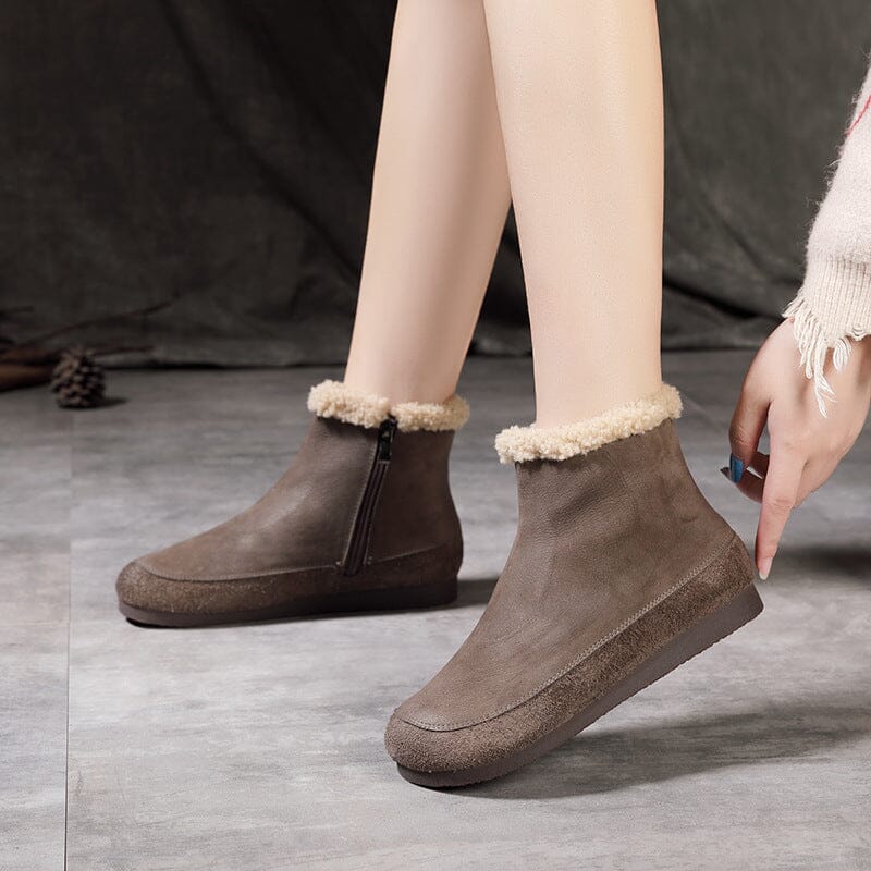 Winter Retro Frosted Leather Woolen Flat Boots