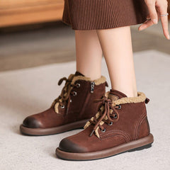 Winter Retro Leather Flat Casual Furred Boots