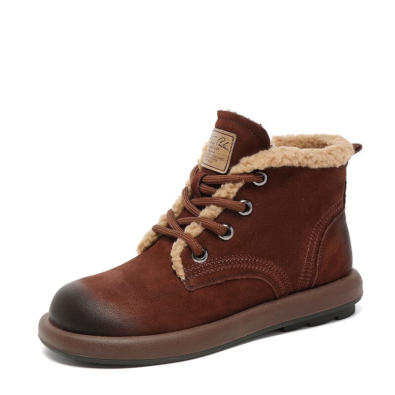 Winter Retro Leather Flat Casual Furred Boots