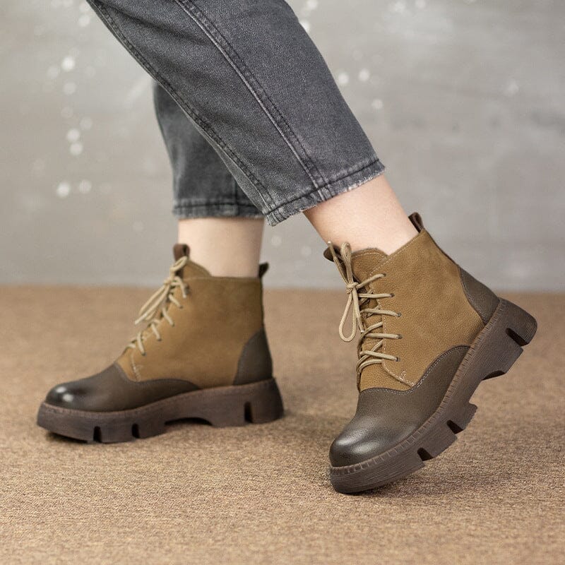 Winter Retro Patchwork Leather Thick Soled Boots