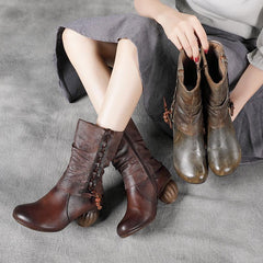 Winter Spring Retro Leather Faux Fur Boots