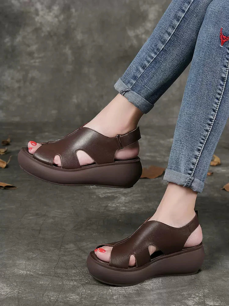 Woman Spring & Summer Retro Casual Leather Wedge Shoes