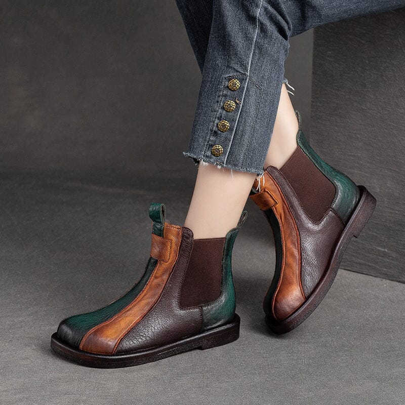 Women Autumn Color Matching Leather Flat Ankle Boots