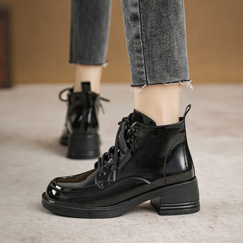 Women Autumn Glossy Leather Wedge Casual Boots