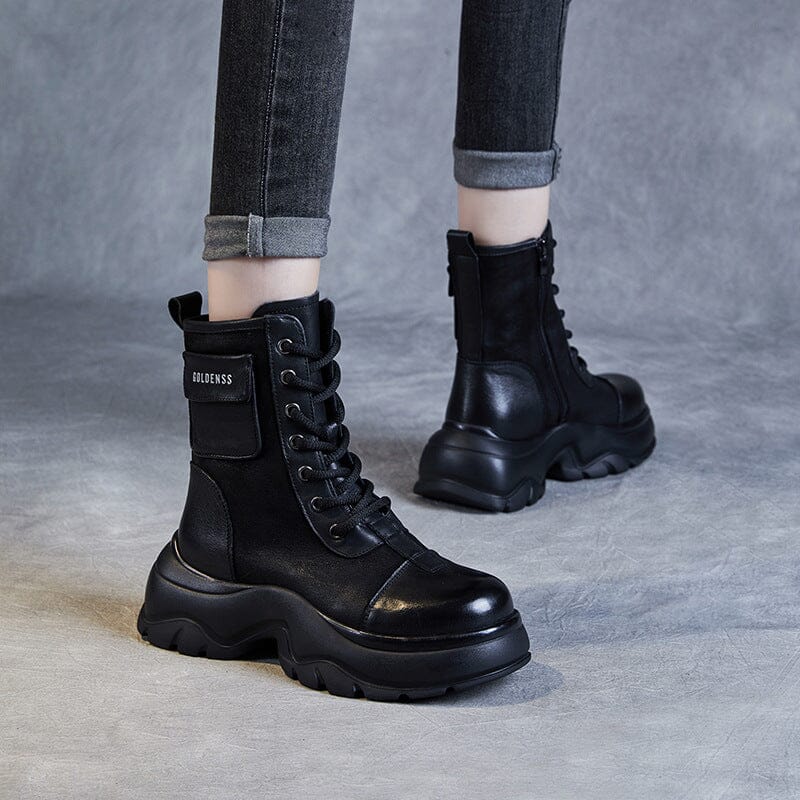 Women Autumn Leather Platform Combat Boots