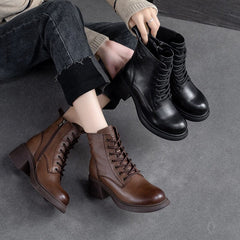 Women Autumn Leather Retro Chunky Heel Boots