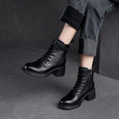 Women Autumn Leather Retro Chunky Heel Boots