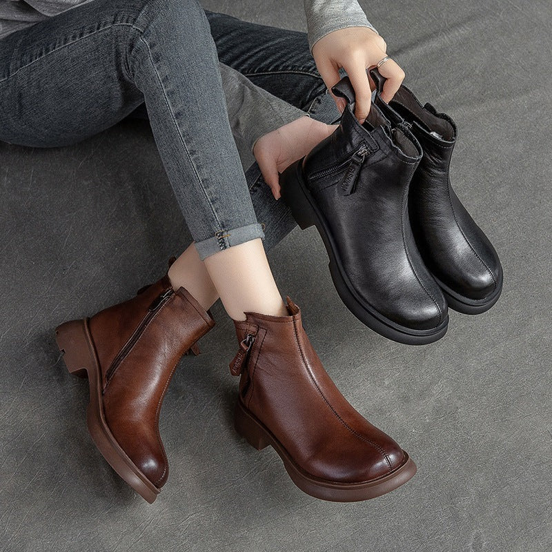 Women Autumn Leather Solid Ankle Boots