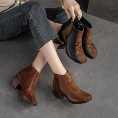 Women Autumn Patchwork Leather Chunky Heel Boots