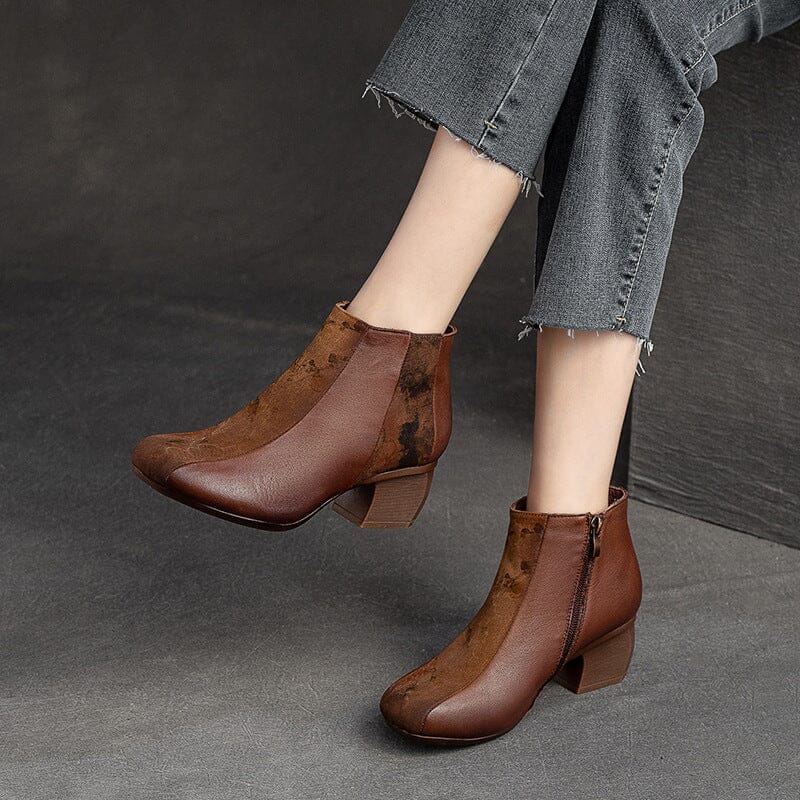 Women Autumn Patchwork Leather Chunky Heel Boots