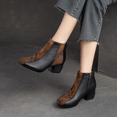 Women Autumn Patchwork Leather Chunky Heel Boots